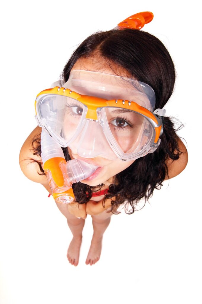 cute, dive, fun, goggles, joy, mask, scuba, snorkel, snorkeling, summer, nature, woman, orange, isolated