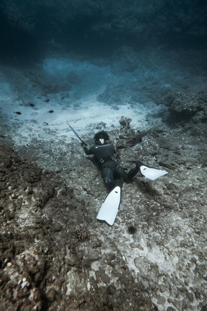 Diver in wetsuit with spear gun explores rocky underwater landscape.